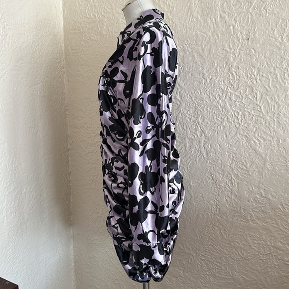 Zara The Dita Satin Ruched Long Sleeve Shirt Dress Lavender Black Floral XXL NWT - Picture 6 of 13